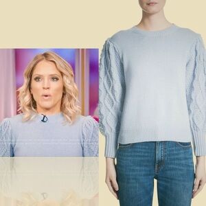 CO Powder Blue Cable Knit Detail Puff Sleeve Wool & Cashmere Sweater Size XS